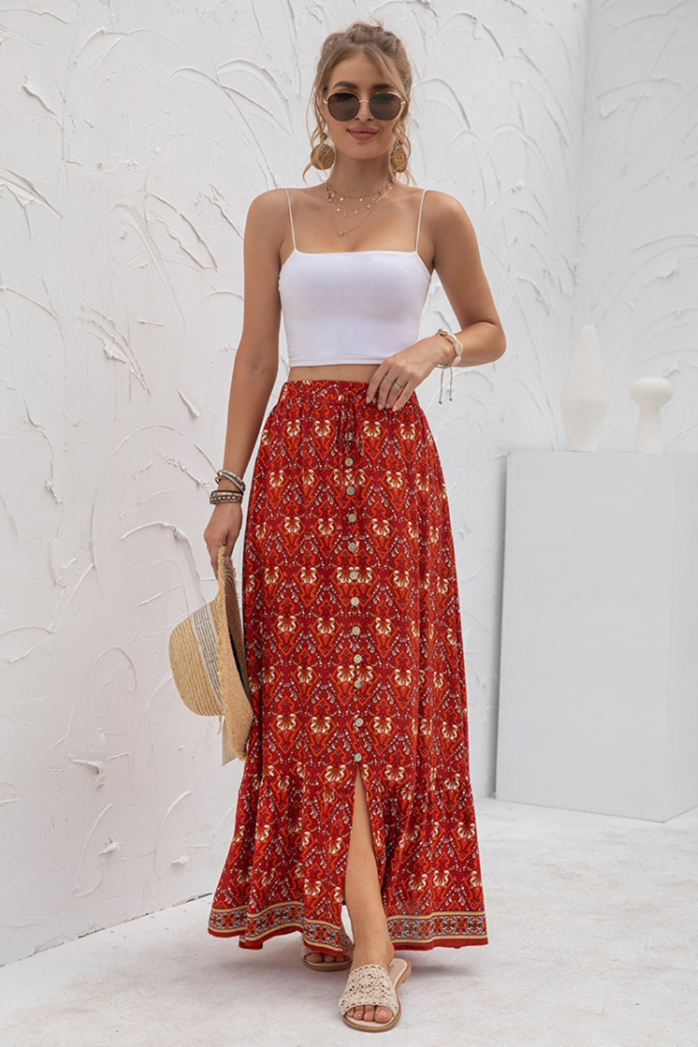 Creamtopmall High-Waist Printed Button-Up Slit Skirt