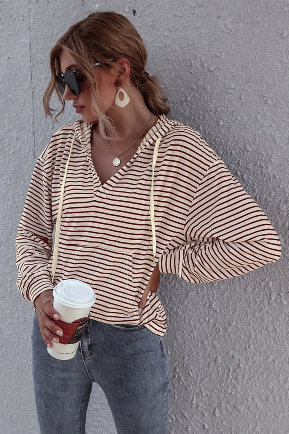 Creamtopmall Striped Hooded V-neck Sweater