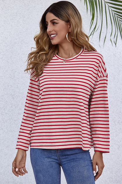 Creamtopmall Long-Sleeve Loose Round Neck Striped T-shirt