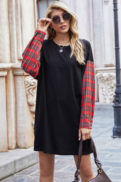 Creamtopmall Round Neck Stitching Plaid Sweater Dress