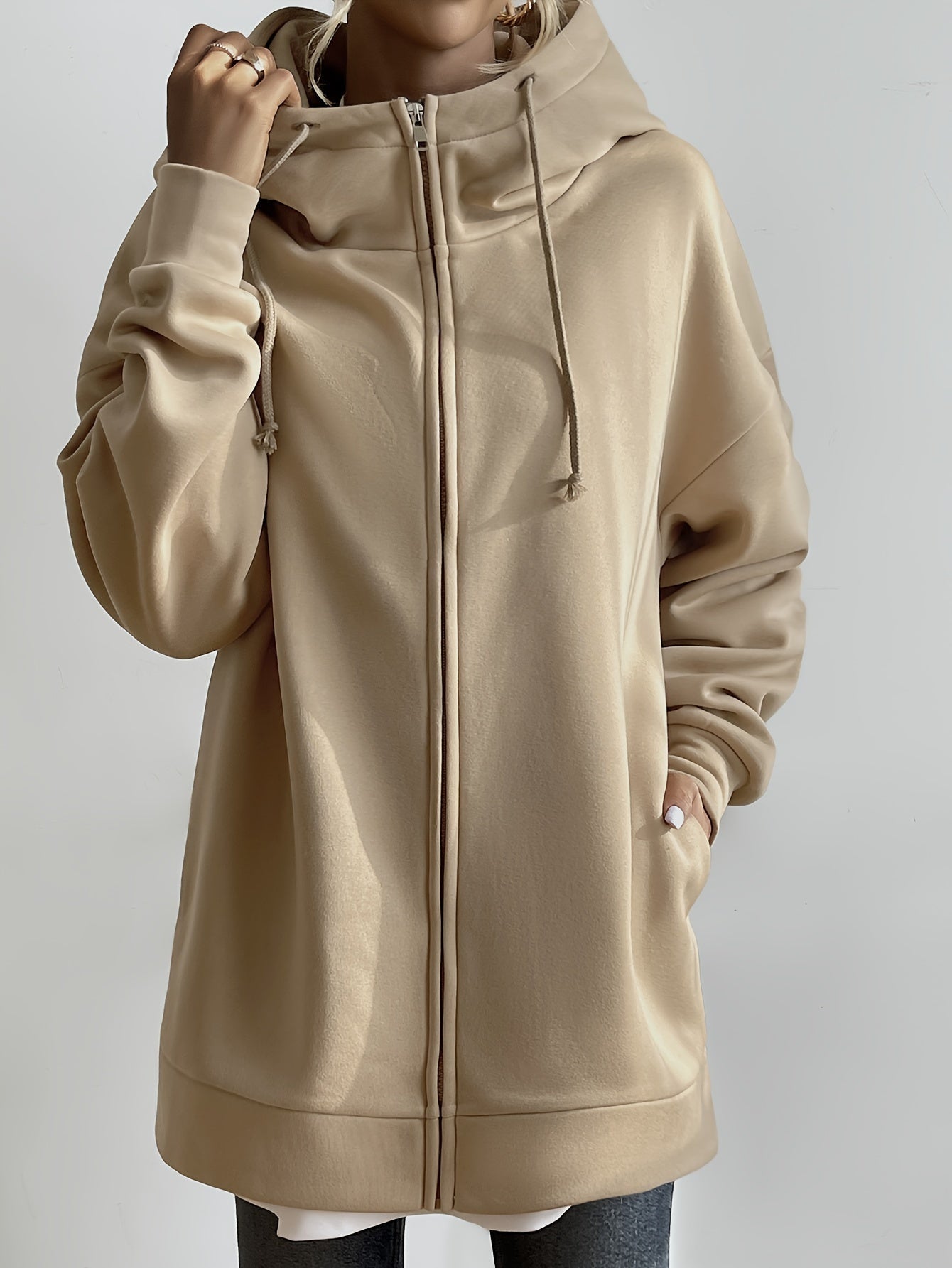 Creamtopmall Solid Color Casual Sports Hooded Zipper Sweatshirs