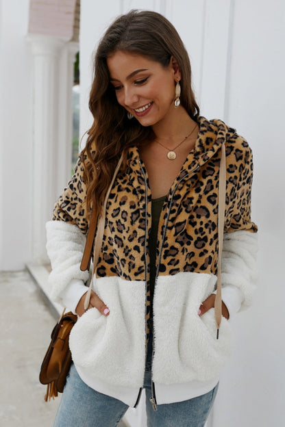 Creamtopmall Leopard Zipper Hooded Fluffy Coat