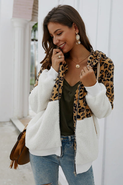 Creamtopmall Leopard Zipper Hooded Fluffy Coat