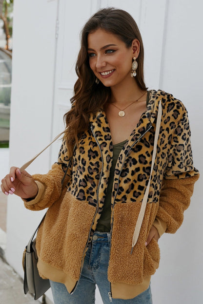 Creamtopmall Leopard Zipper Hooded Fluffy Coat