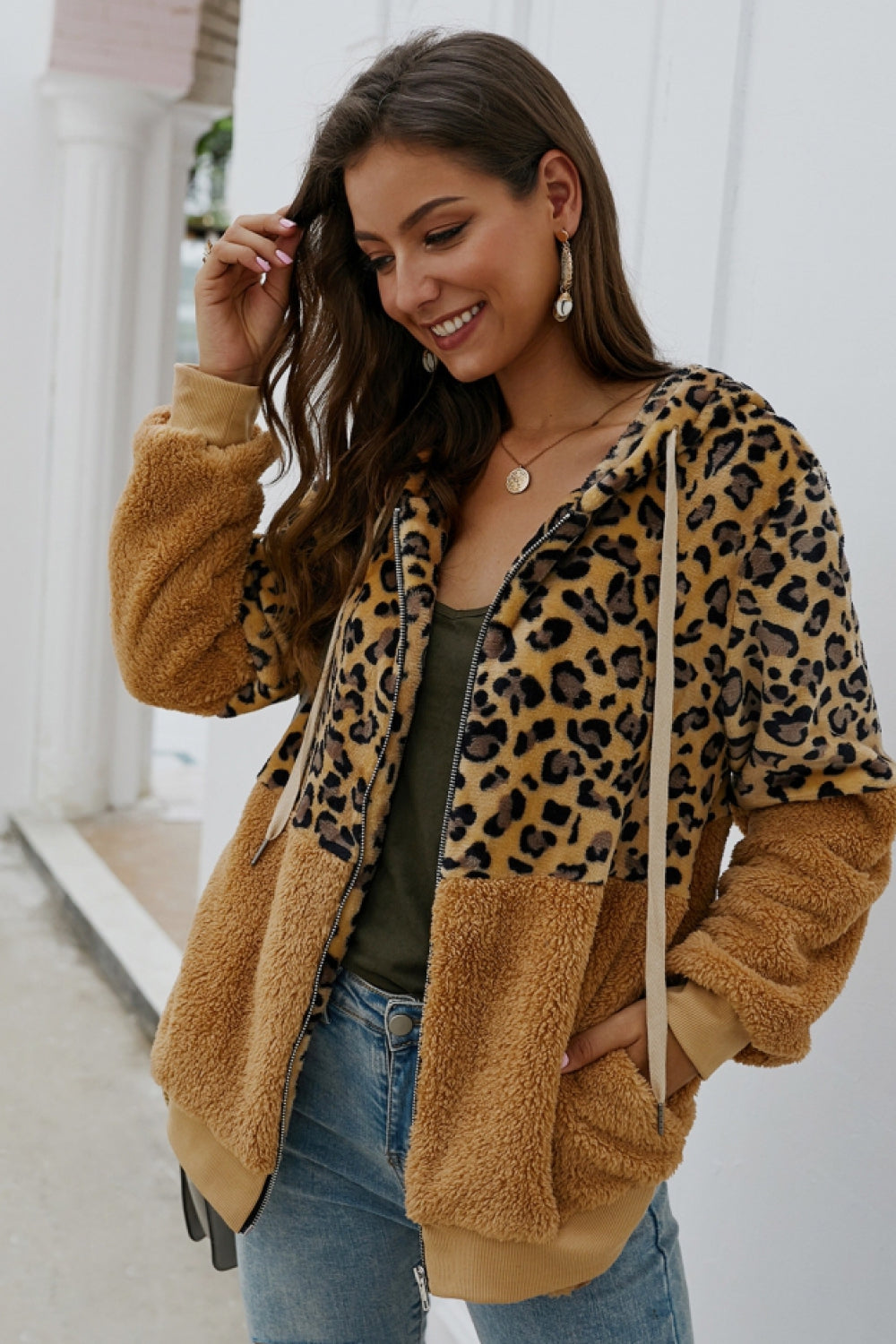 Creamtopmall Leopard Zipper Hooded Fluffy Coat