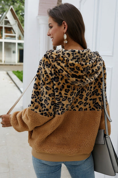 Creamtopmall Leopard Zipper Hooded Fluffy Coat