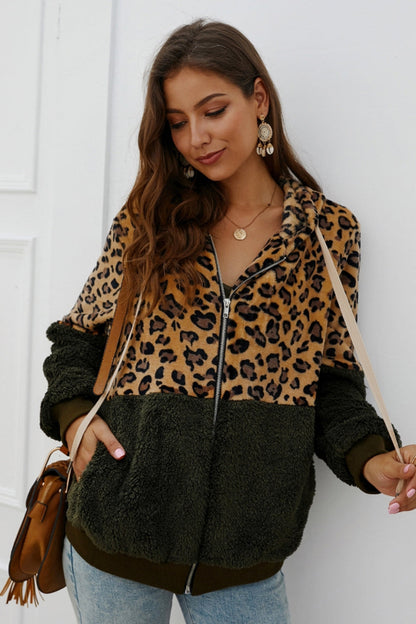 Creamtopmall Leopard Zipper Hooded Fluffy Coat