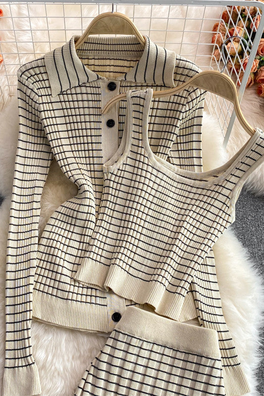 Creamtopmall Temperament Plaid Knitted 3 Piece Sets Suit