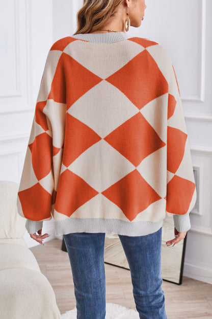 Creamtopmall V-neck geometric patchwork contrasting knitted cardigan