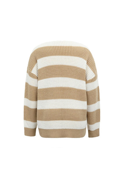 Creamtopmall V-Neck Striped Waffle Sweater