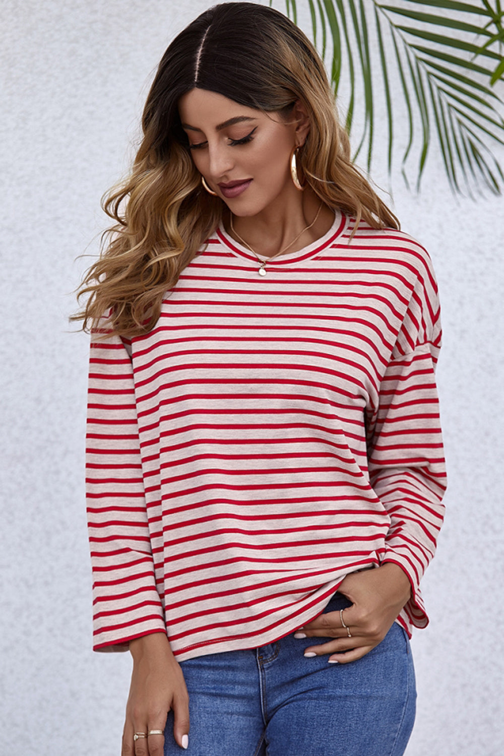 Creamtopmall Long-Sleeve Loose Round Neck Striped T-shirt