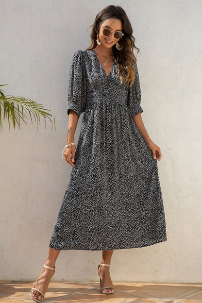 Creamtopmall V-Neck Printed Mid-Sleeved Dress