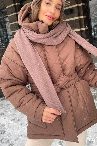 Creamtopmall Elegant Tie Belt Loose Arygle Hooded Parkas