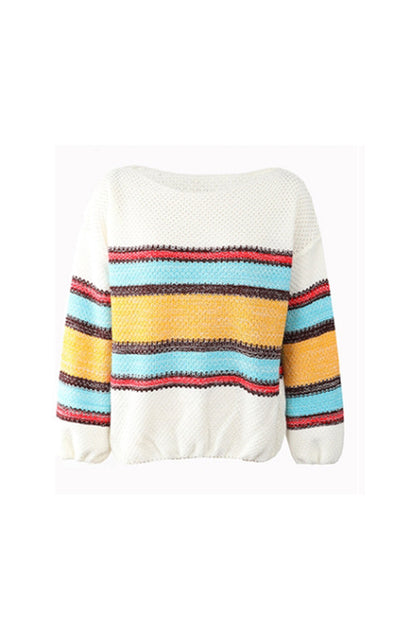 Creamtopmall Off-Shoulder Contrast Rainbow Striped Sweater