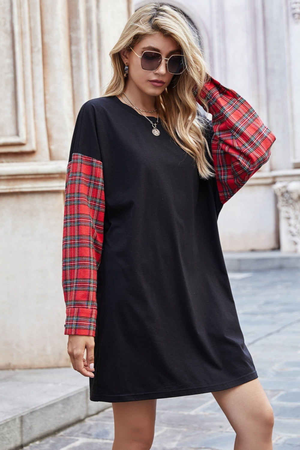 Creamtopmall Round Neck Stitching Plaid Sweater Dress