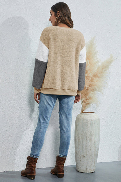 Creamtopmall Round Neck Three-Color Patchwork Sweater