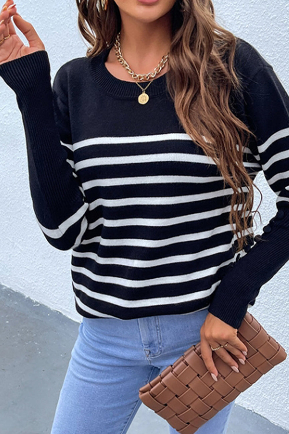 Creamtopmall Button Contrast Striped Sweater