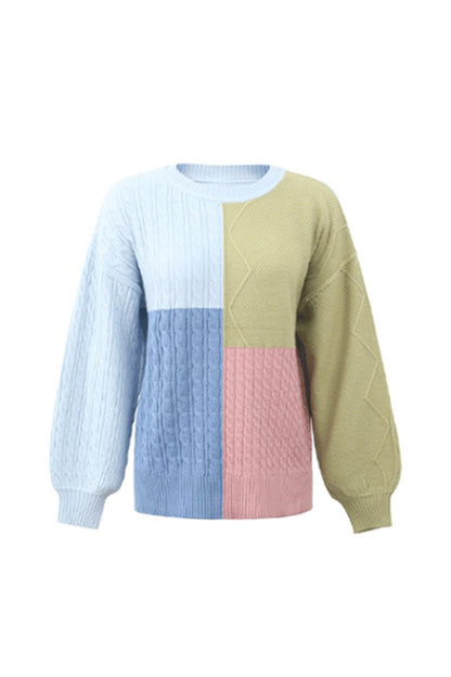 Creamtopmall Contrast Patchwork Twist Lantern Sleeve Sweater