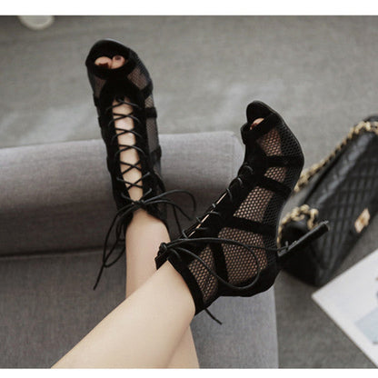 Creamtopmall Mesh Lace-Up Cross-tied Boots Pumps