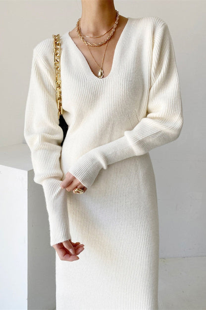 Creamtopmall Office V-neck Long Sleeves Knitted Dress