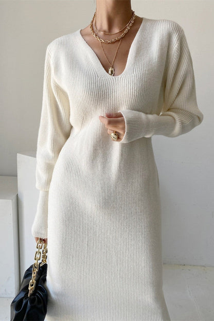 Creamtopmall Office V-neck Long Sleeves Knitted Dress