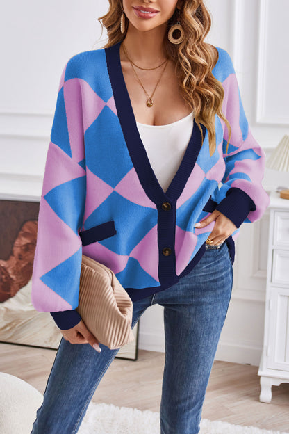 Creamtopmall V-neck geometric patchwork contrasting knitted cardigan