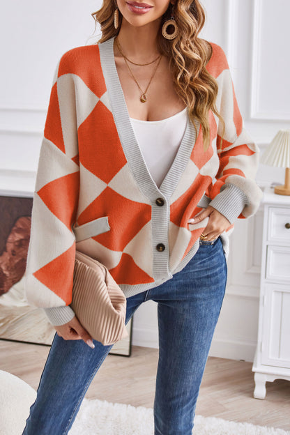 Creamtopmall V-neck geometric patchwork contrasting knitted cardigan