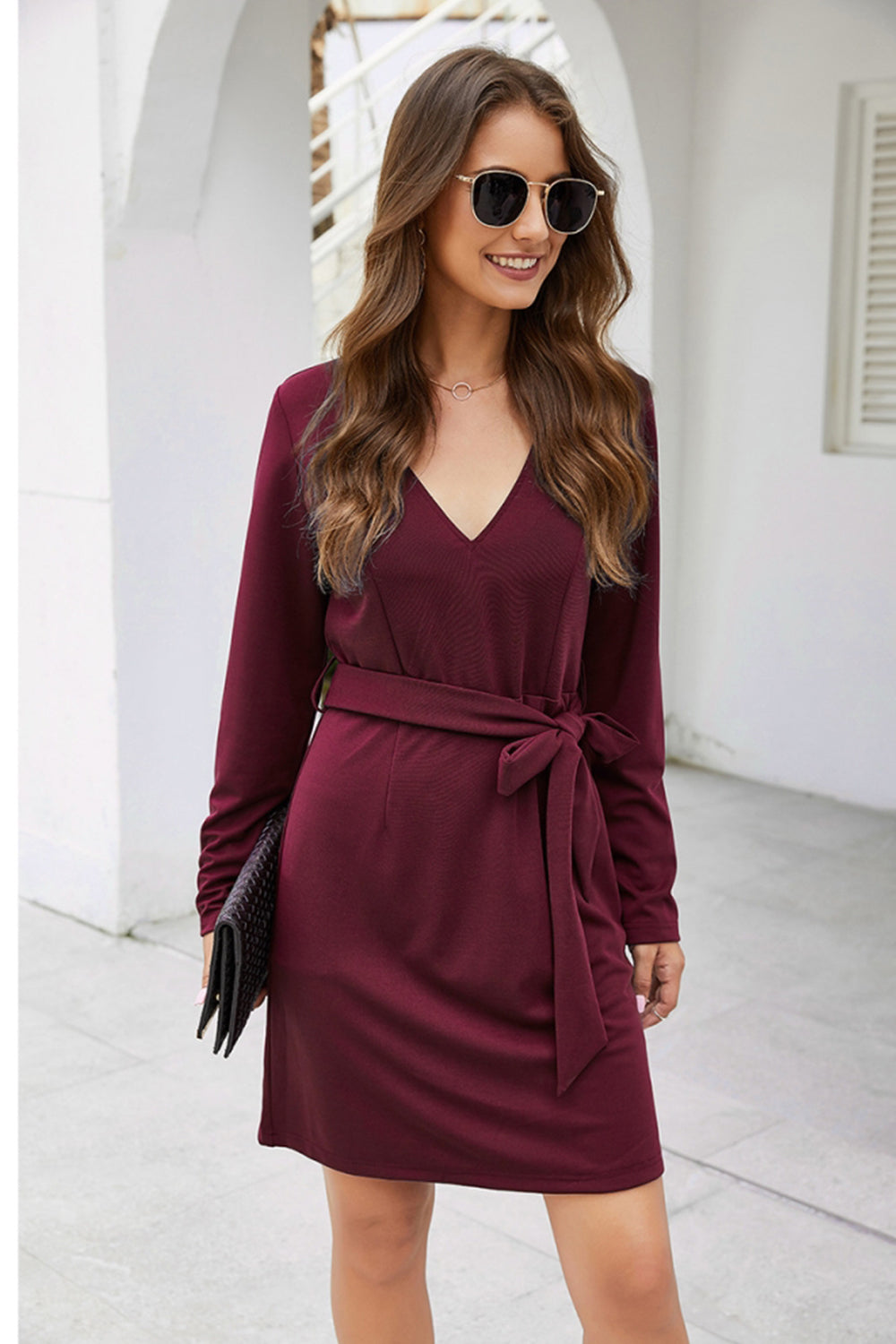 Creamtopmall Solid Color V-neck Belt Straight Dress