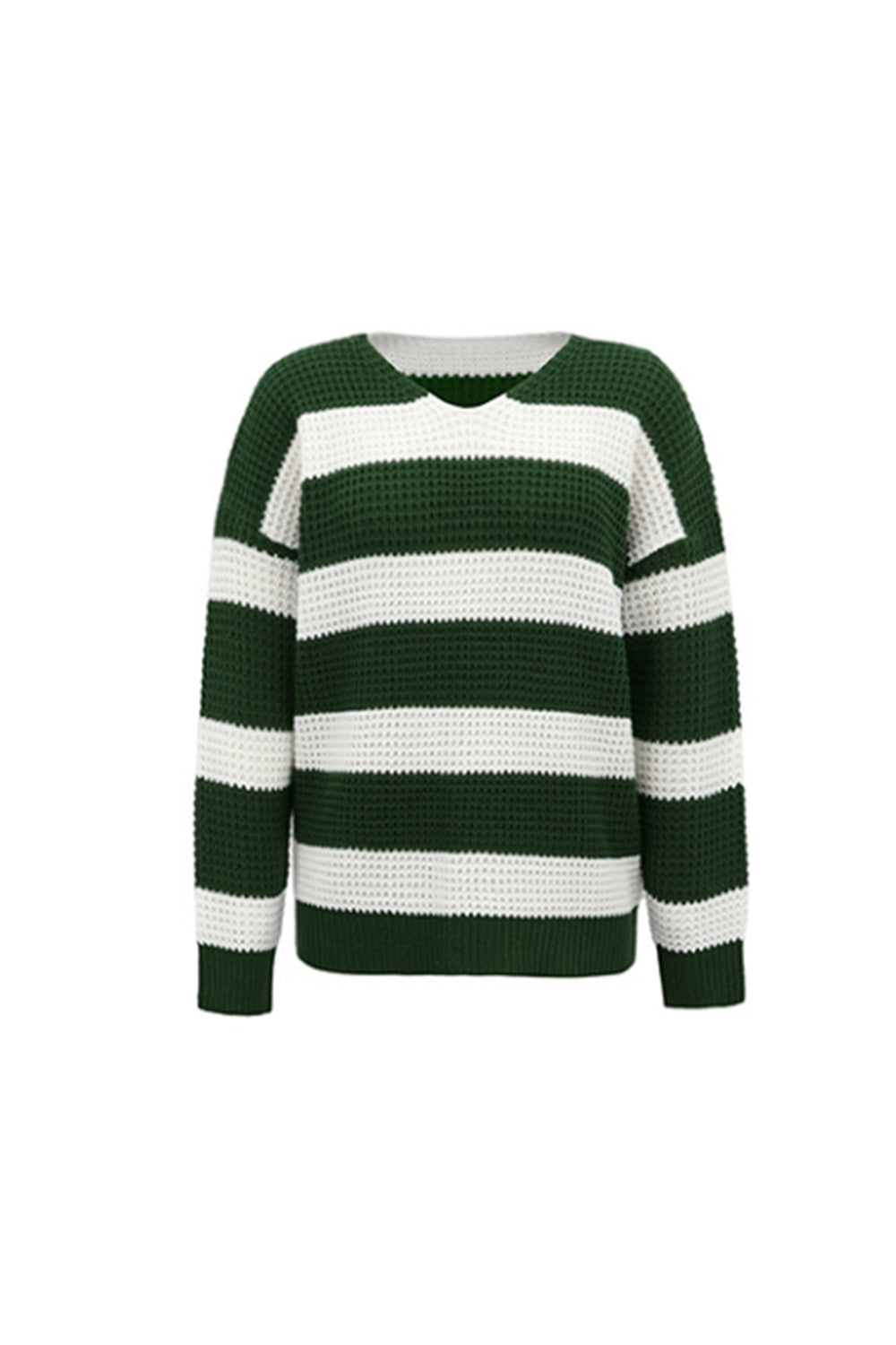 Creamtopmall V-Neck Striped Waffle Sweater