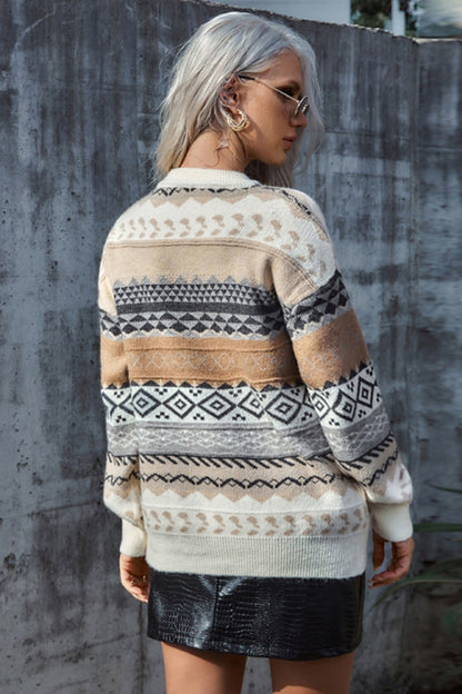 Creamtopmall Rhombus Print Loose Long Sleeve Sweater