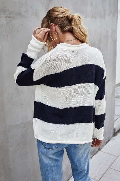 Creamtopmall Stripe Splice Long Sleeve Crew Neck Tops