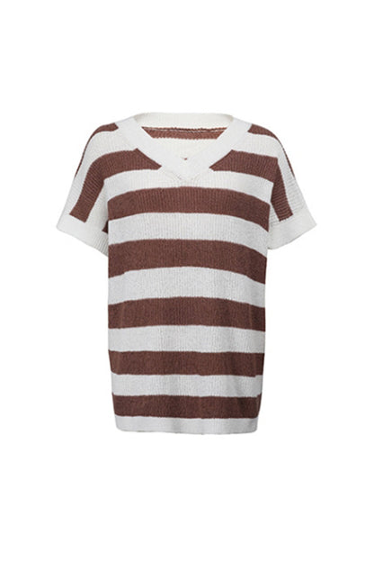 Creamtopmall V-Neck Striped Short-Sleeved Sweater