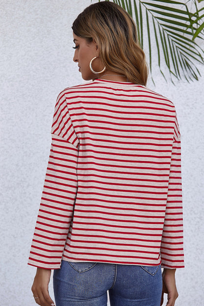 Creamtopmall Long-Sleeve Loose Round Neck Striped T-shirt