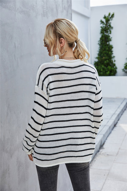 Creamtopmall Round Collar Stripe Patchwork Pullover