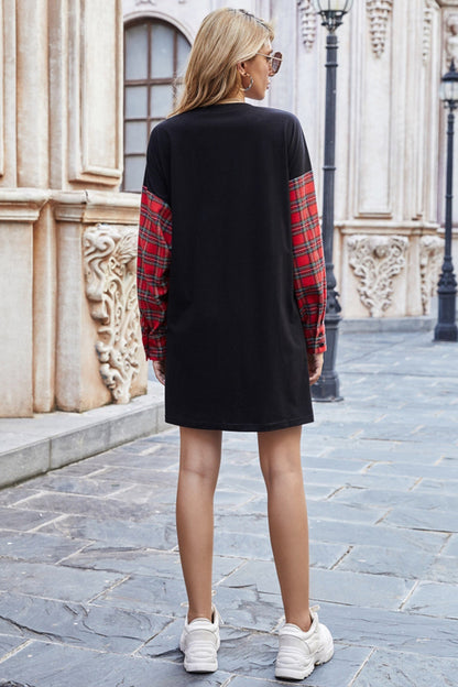 Creamtopmall Round Neck Stitching Plaid Sweater Dress