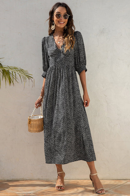 Creamtopmall V-Neck Printed Mid-Sleeved Dress