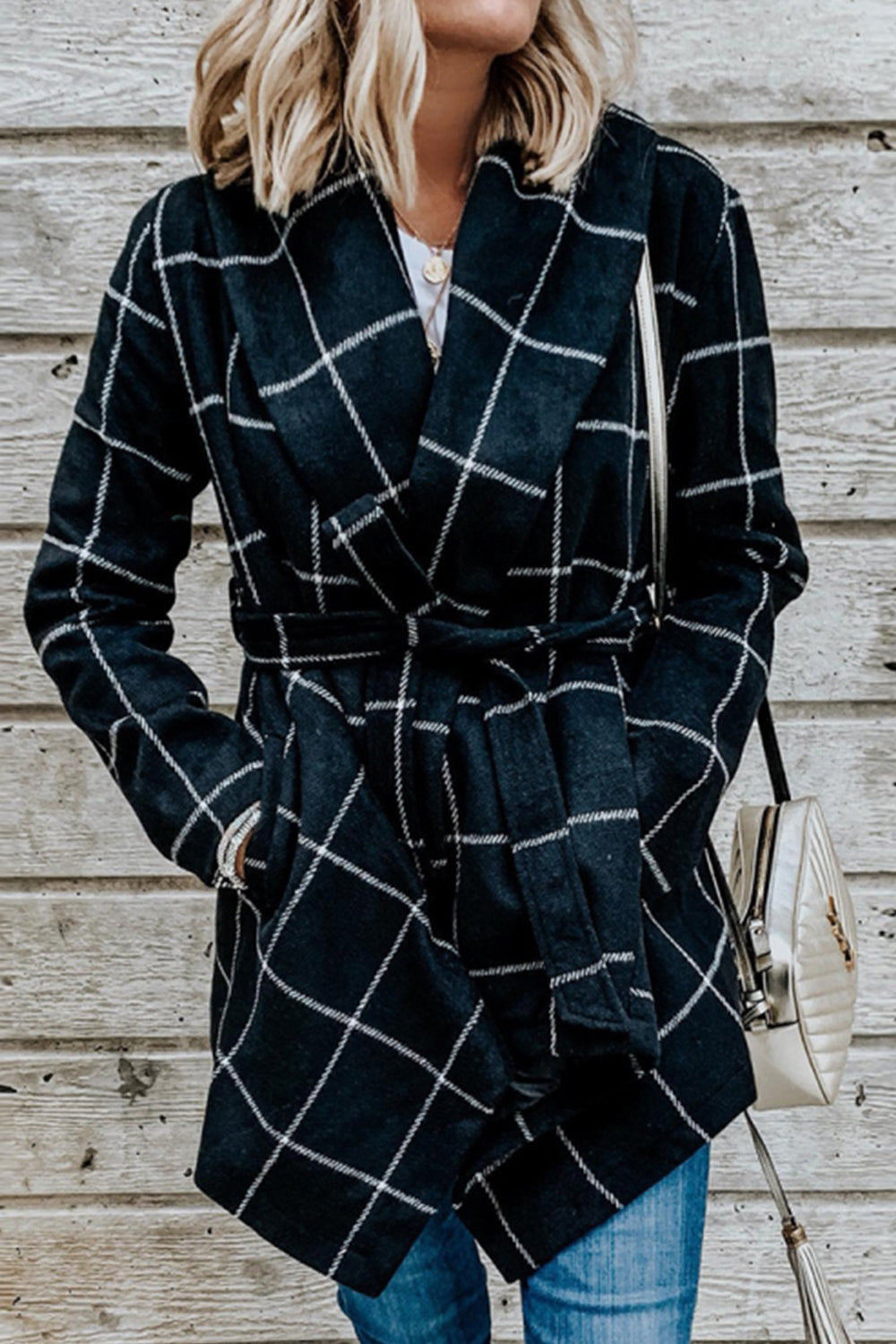 Creamtopmall Tweed Belt Plaid Coat