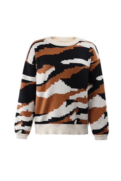 Creamtopmall Round Neck Camouflage Leopard Sweater