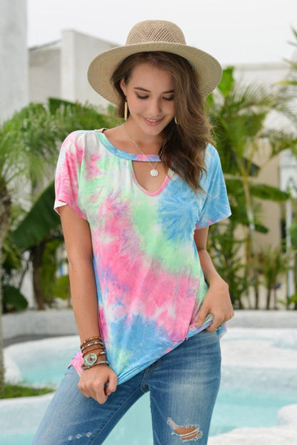 Creamtopmall Tie Dyed Hollow Neckline T-shirt