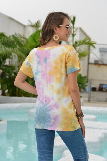 Creamtopmall Tie Dyed Hollow Neckline T-shirt