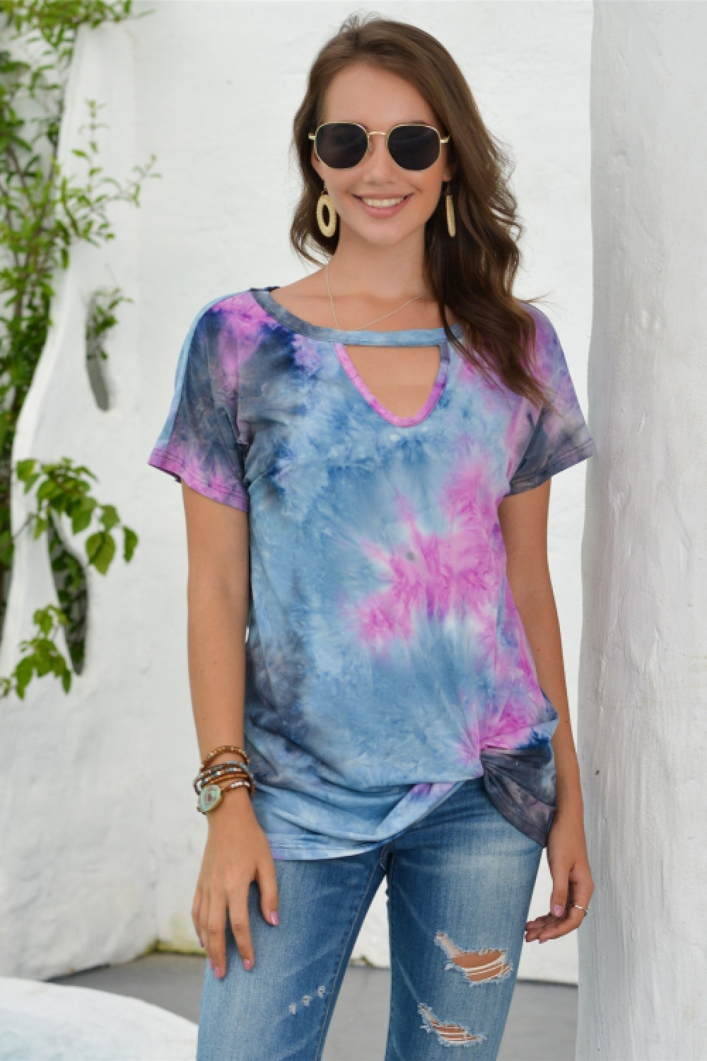 Creamtopmall Tie Dyed Hollow Neckline T-shirt