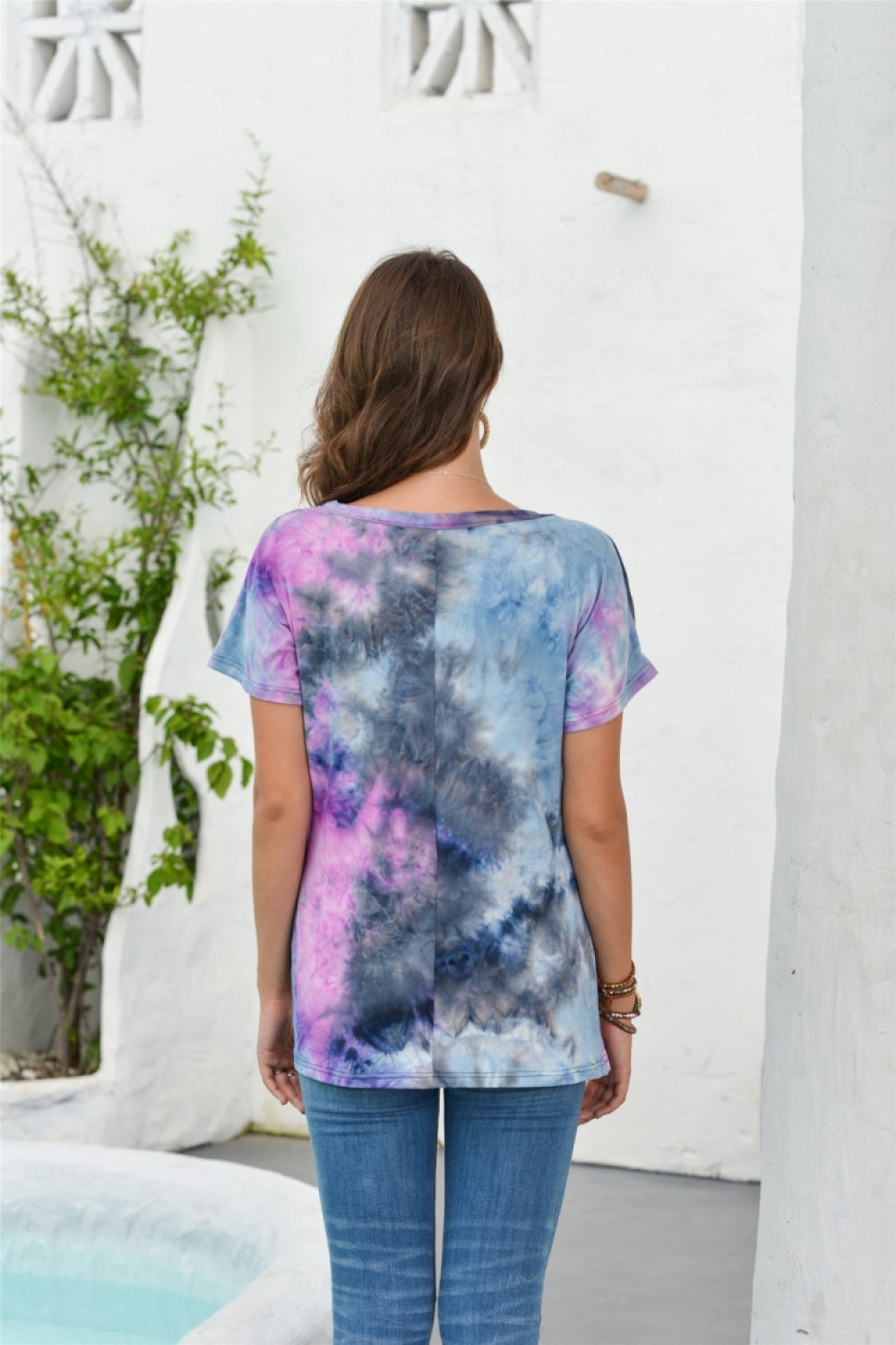 Creamtopmall Tie Dyed Hollow Neckline T-shirt