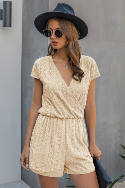 creamtopmall V-Neck Lace Plain One Piece Shorts