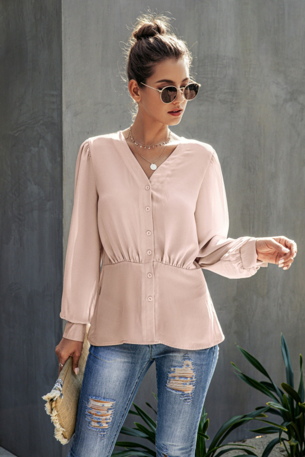 Creamtopmall V-Neck  Buttons Long Sleeve Blouse