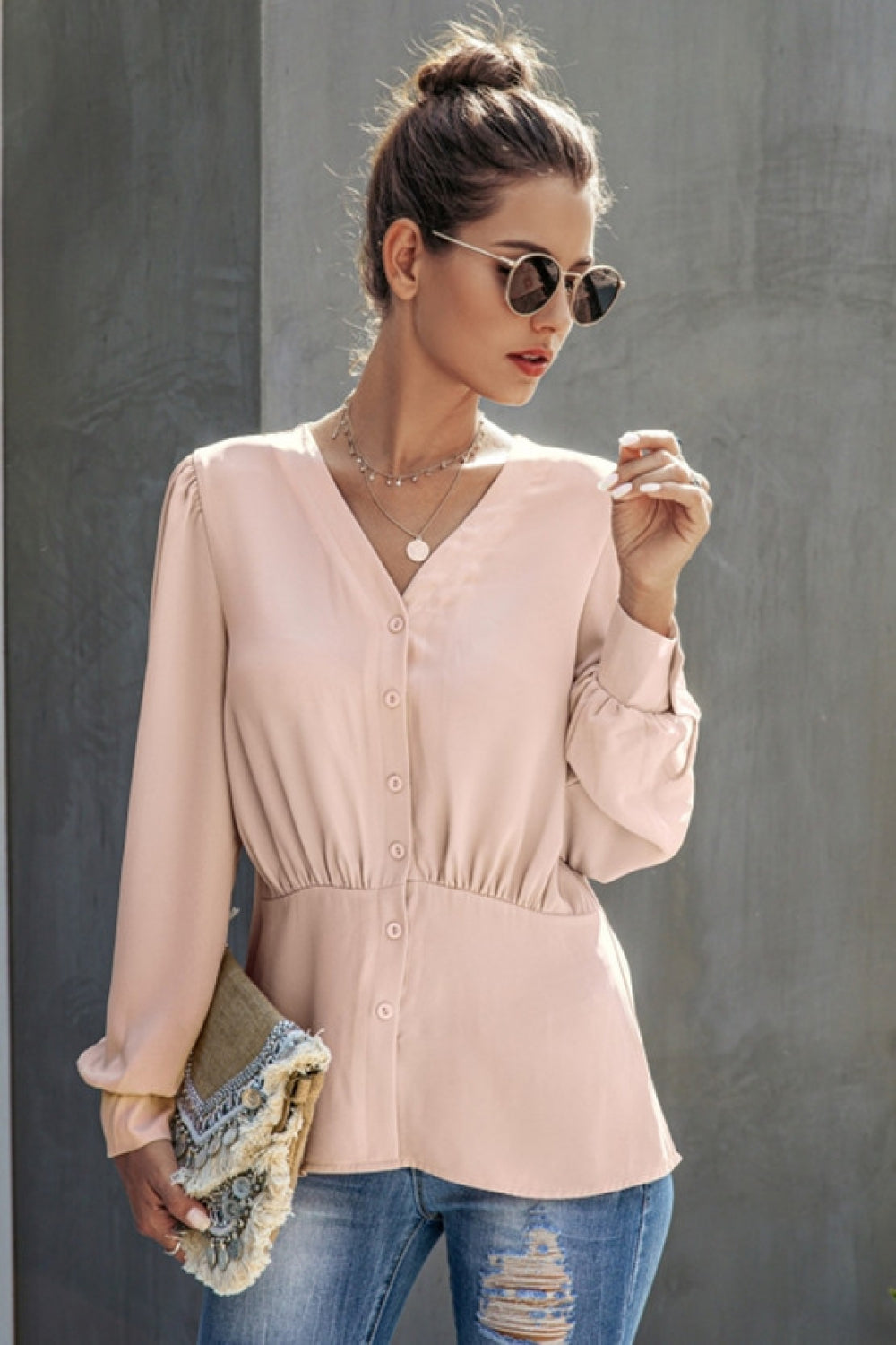 Creamtopmall V-Neck  Buttons Long Sleeve Blouse