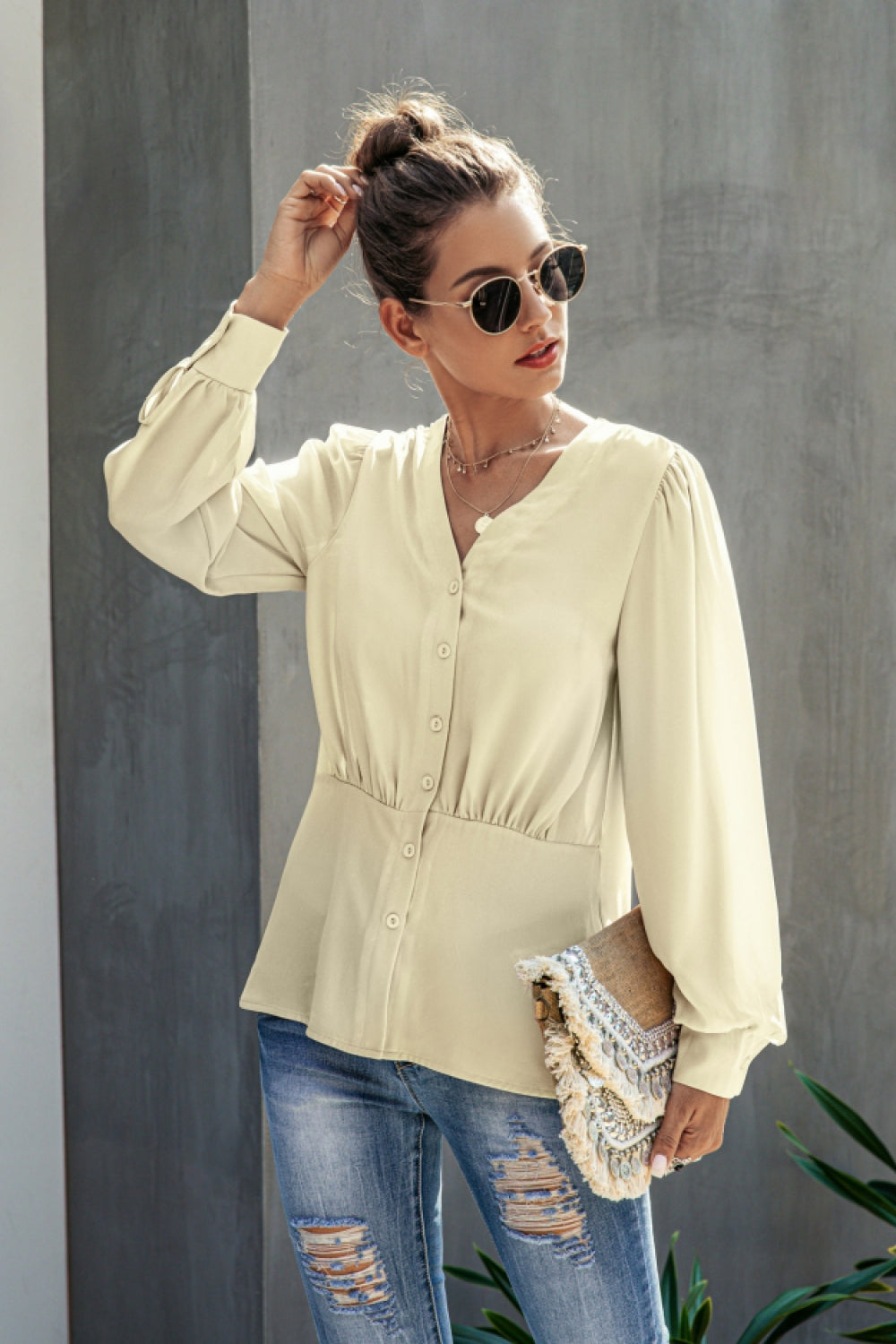 Creamtopmall V-Neck  Buttons Long Sleeve Blouse