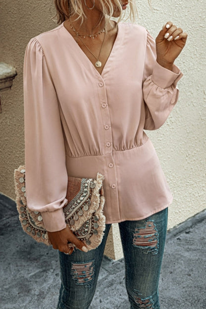 Creamtopmall V-Neck  Buttons Long Sleeve Blouse