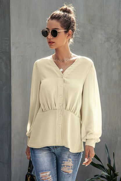 Creamtopmall V-Neck  Buttons Long Sleeve Blouse