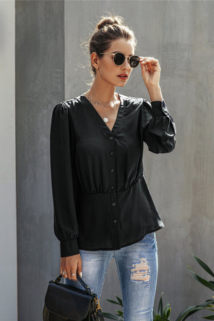 Creamtopmall V-Neck  Buttons Long Sleeve Blouse