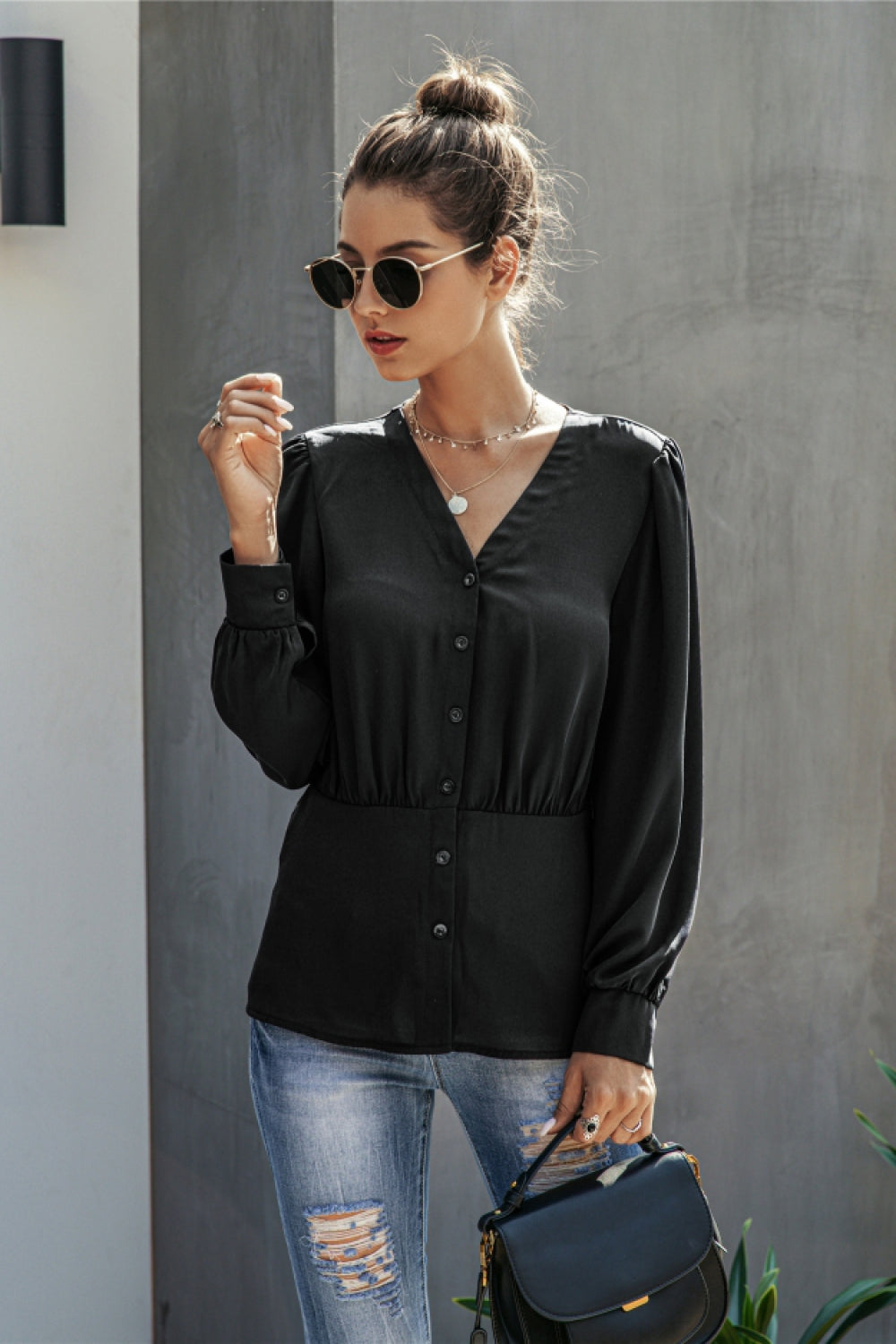 Creamtopmall V-Neck  Buttons Long Sleeve Blouse